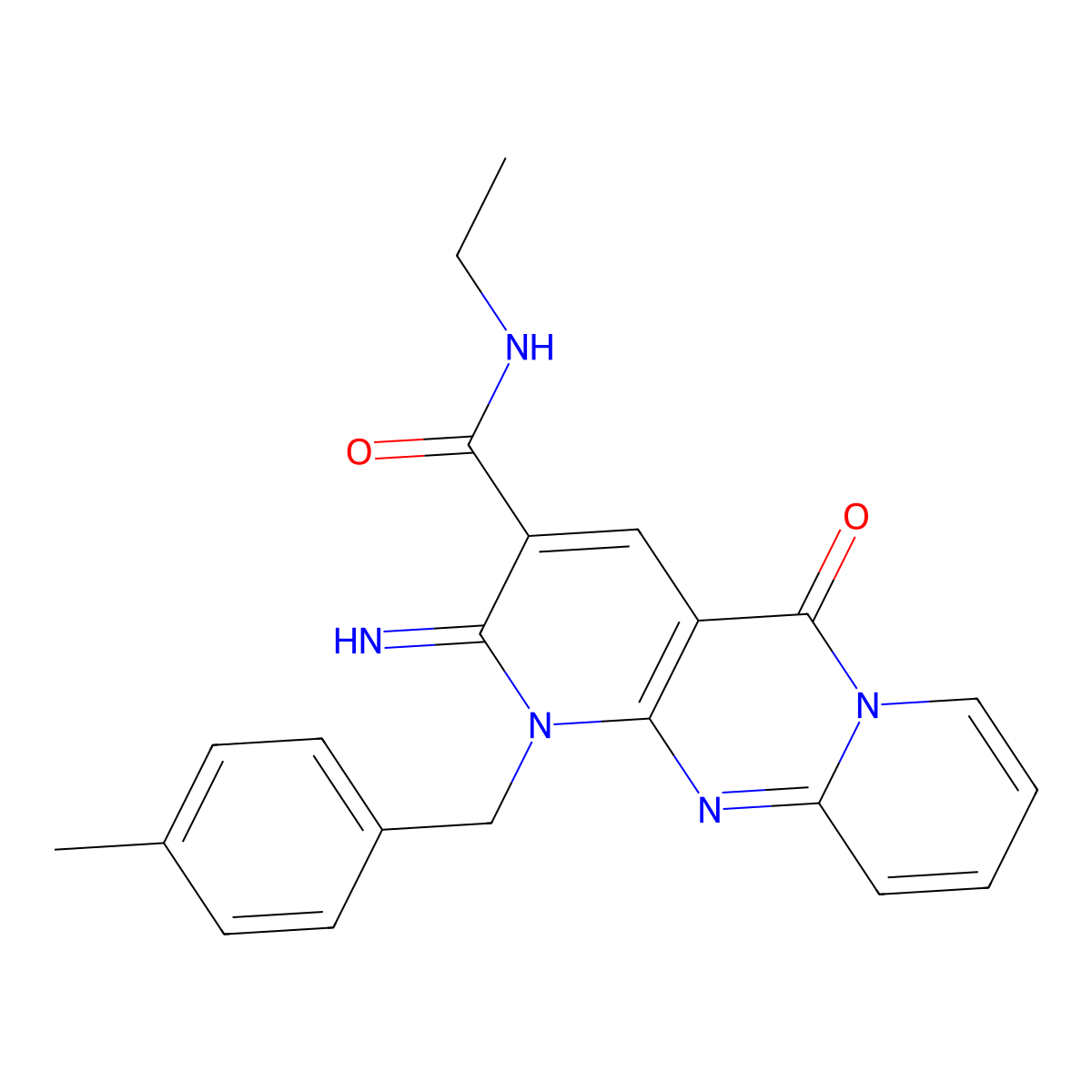 N-ethyl-6-imino-7-[(4-methylphenyl)methyl]-2-oxo-1,7,9-triazatricyclo[8.4.0.0^{3,8}]tetradeca-3(8),4,9,11,13-pentaene-5-carboxamide molecular structure, CAS 371235-75-5
