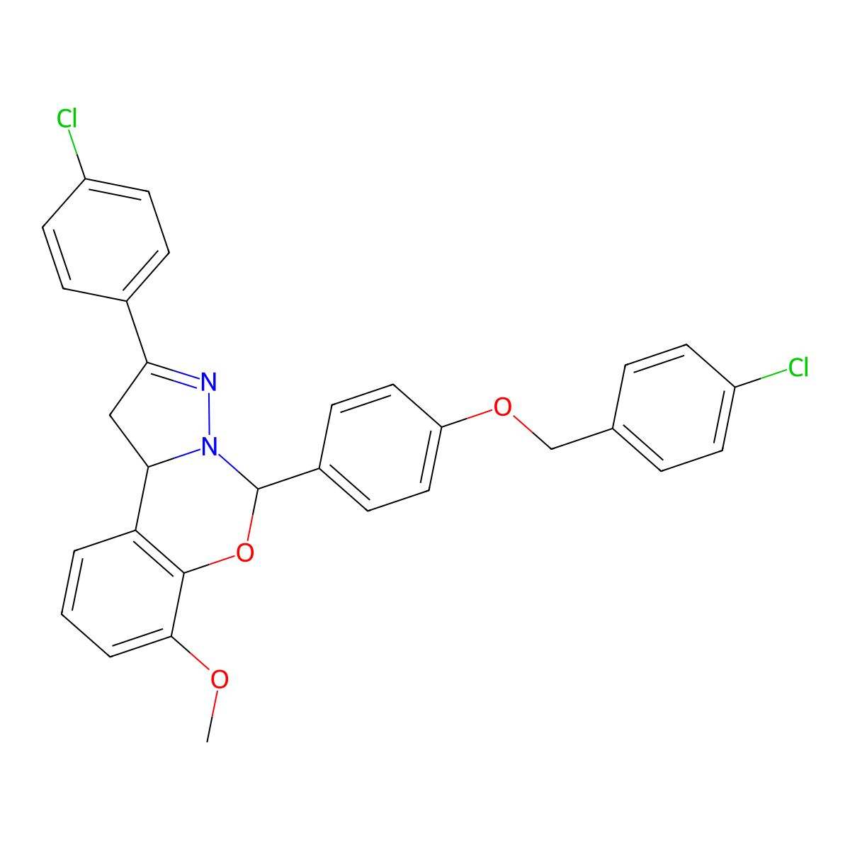 5-{4-[(4-Chlorobenzyl)oxy]phenyl}-2-(4-chlorophenyl)-7-methoxy-1,10b-dihydropyrazolo[1,5-c][1,3]benzoxazine molecular structure, CAS 371235-99-3