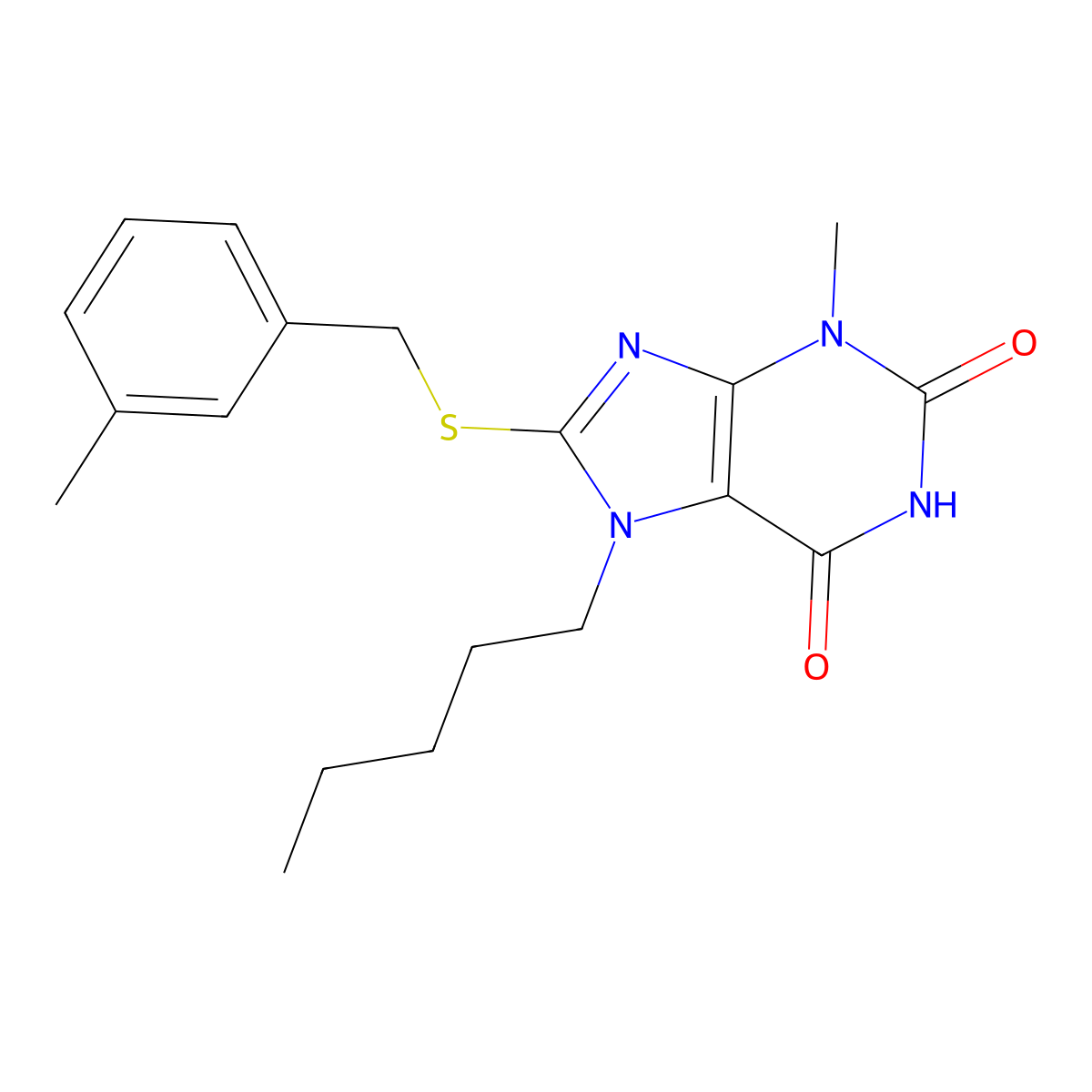 3-methyl-8-((3-methylbenzyl)thio)-7-pentyl-1H-purine-2,6(3H,7H)-dione molecular structure, CAS 371236-56-5