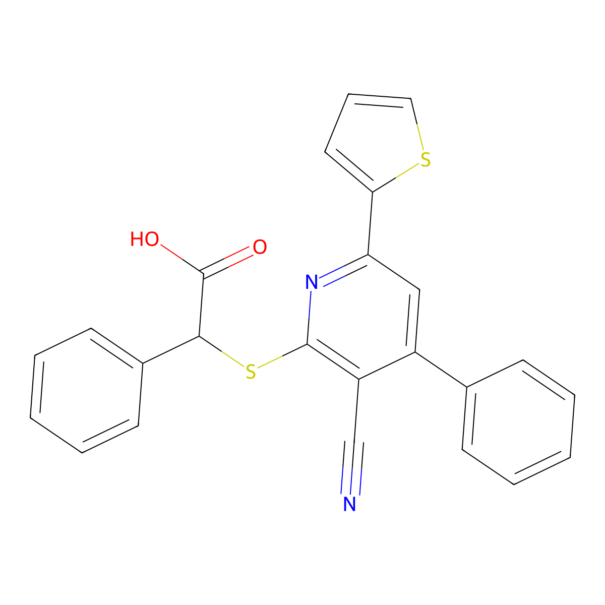{[3-Cyano-4-phenyl-6-(thiophen-2-yl)pyridin-2-yl]sulfanyl}(phenyl)acetic acid molecular structure, CAS 371237-12-6