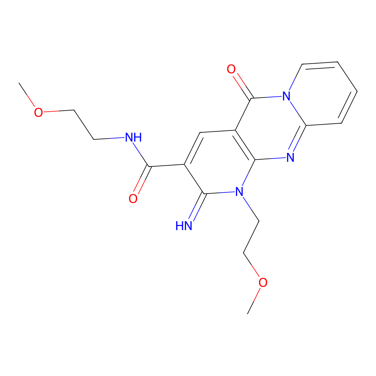 2-imino-N,1-bis(2-methoxyethyl)-5-oxo-2,5-dihydro-1H-dipyrido[1,2-a:2',3'-d]pyrimidine-3-carboxamide molecular structure, CAS 371237-13-7