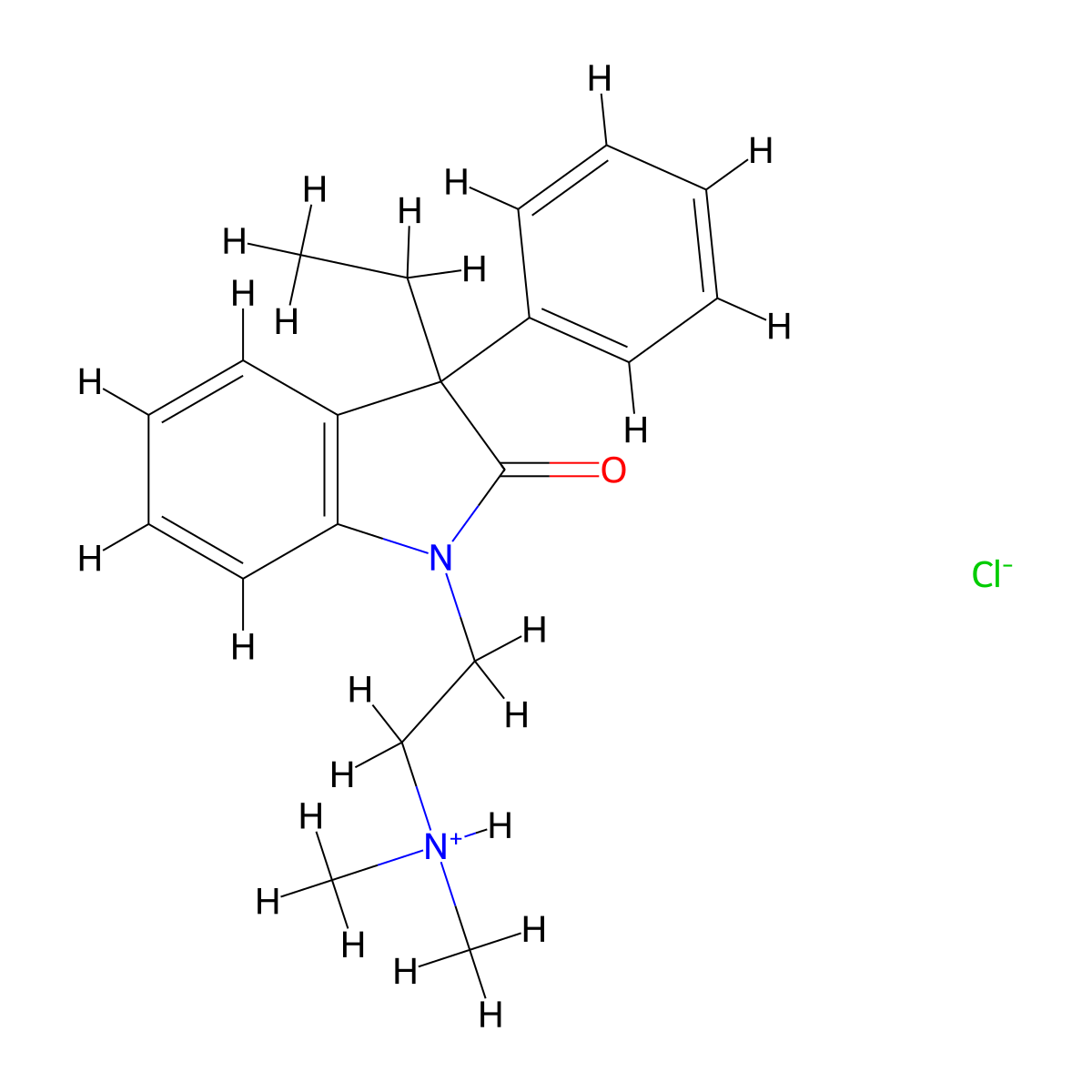 2H-Indol-2-one, 1,3-dihydro-1-(2-(dimethylamino)ethyl)-3-ethyl-3-phenyl-, hydrochloride, hydrate (2:2:1) molecular structure, CAS 37126-51-5