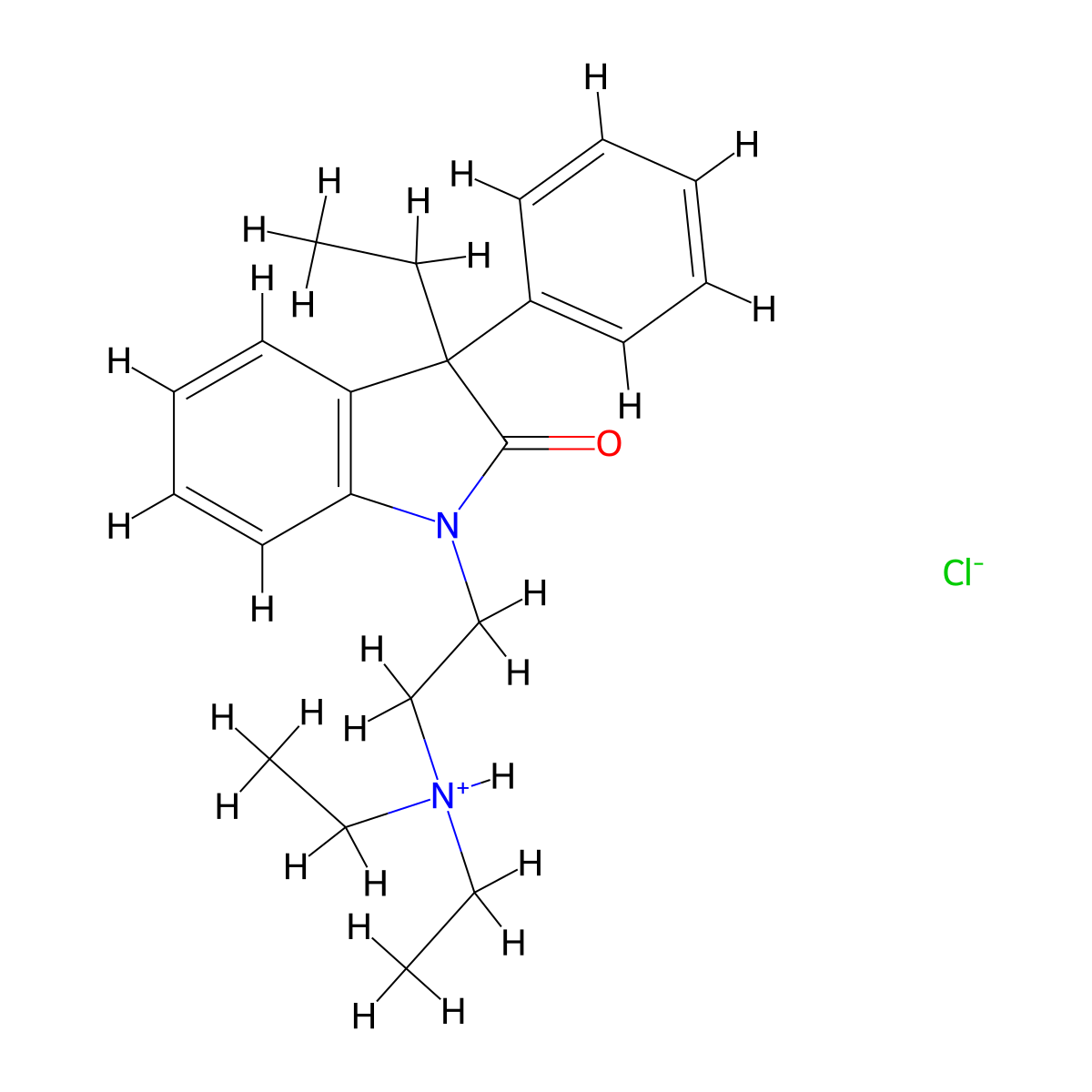 2H-Indol-2-one, 1,3-dihydro-1-(2-(diethylamino)ethyl)-3-ethyl-3-phenyl-, monohydrochloride molecular structure, CAS 37126-52-6
