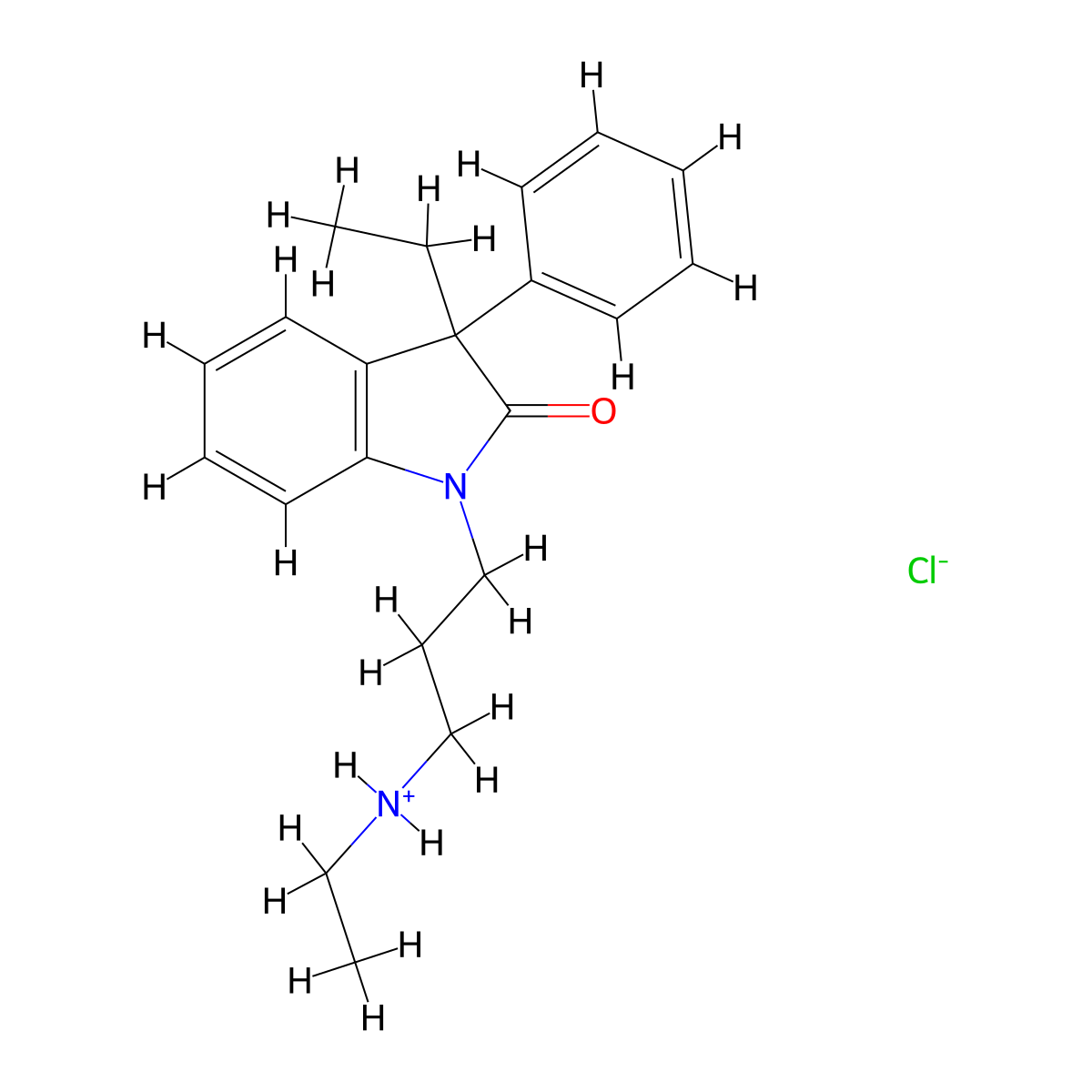 2H-Indol-2-one, 1,3-dihydro-3-ethyl-1-(3-(ethylamino)propyl)-3-phenyl-, monohydrochloride molecular structure, CAS 37129-54-7