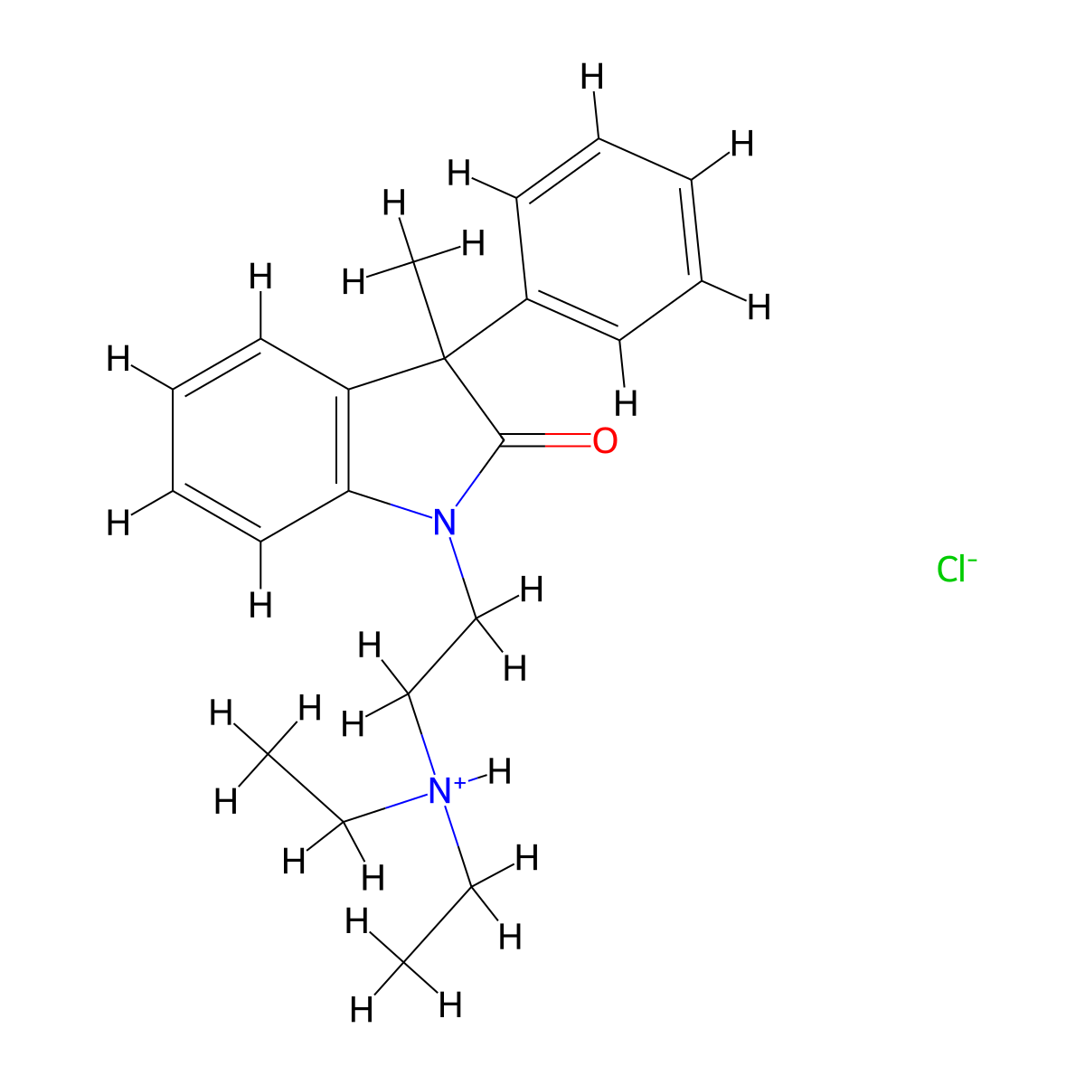 2H-Indol-2-one, 1,3-dihydro-1-(2-(diethylamino)ethyl)-3-methyl-3-phenyl-, monohydrochloride molecular structure, CAS 37129-56-9