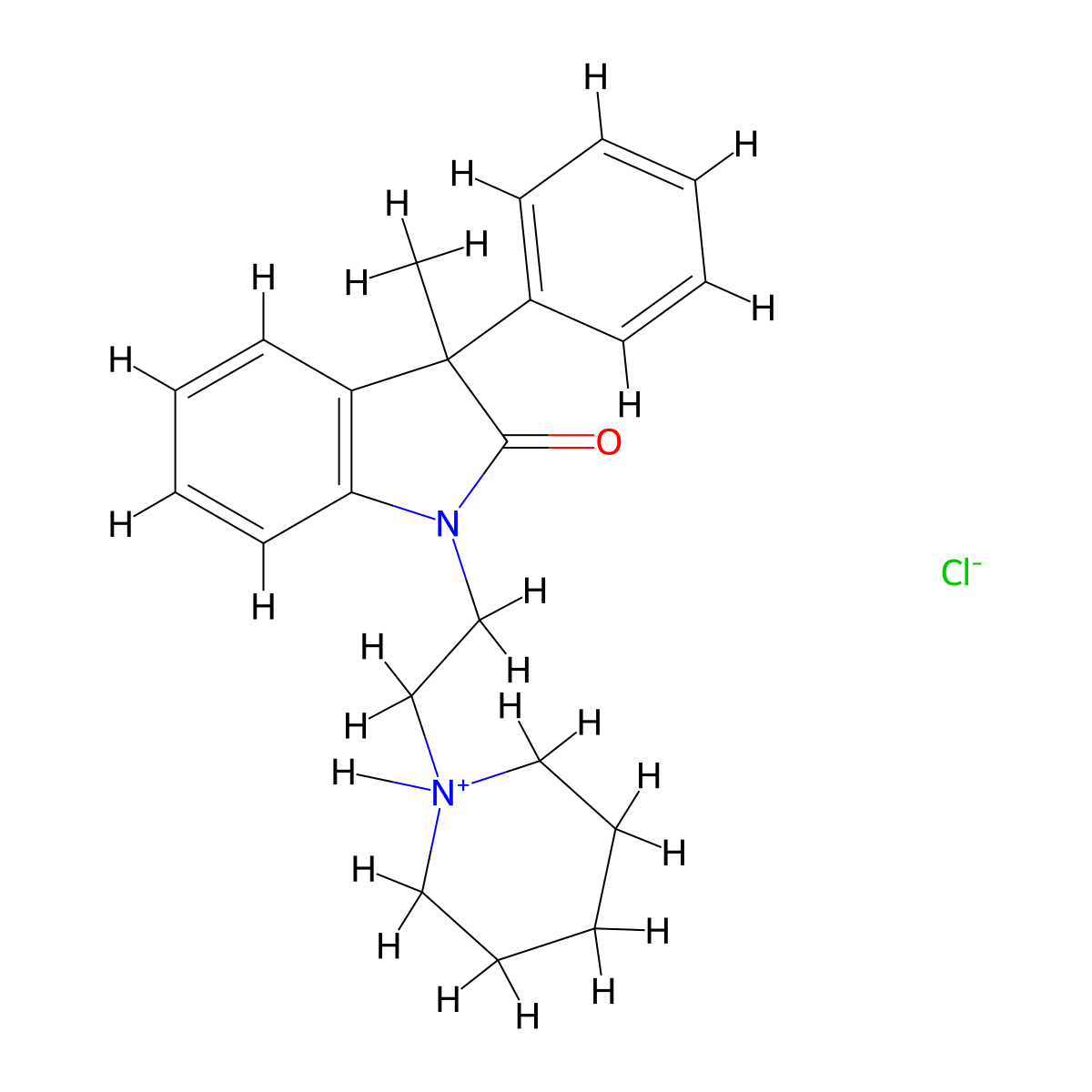 2H-Indol-2-one, 1,3-dihydro-3-methyl-3-phenyl-1-(2-(piperidino)ethyl)-, monohydrochloride molecular structure, CAS 37129-57-0