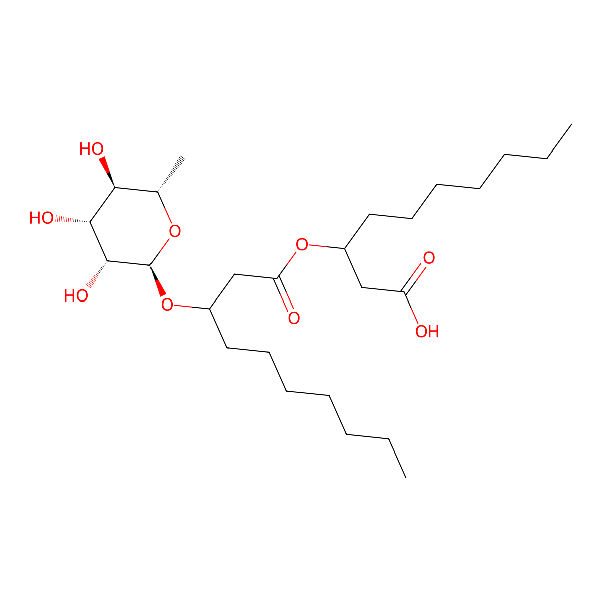 1-(Carboxymethyl)octyl 3-((6-deoxy-alpha-L-mannopyranosyl)oxy)decanoate molecular structure, CAS 37134-61-5