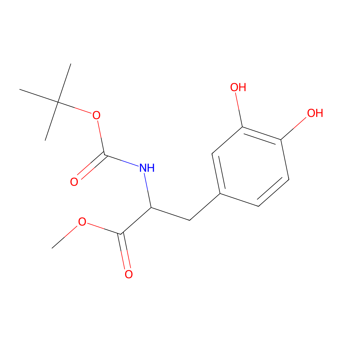 (S)-Methyl 2-((tert-butoxycarbonyl)amino)-3-(3,4-dihydroxyphenyl)propanoate molecular structure, CAS 37169-36-1