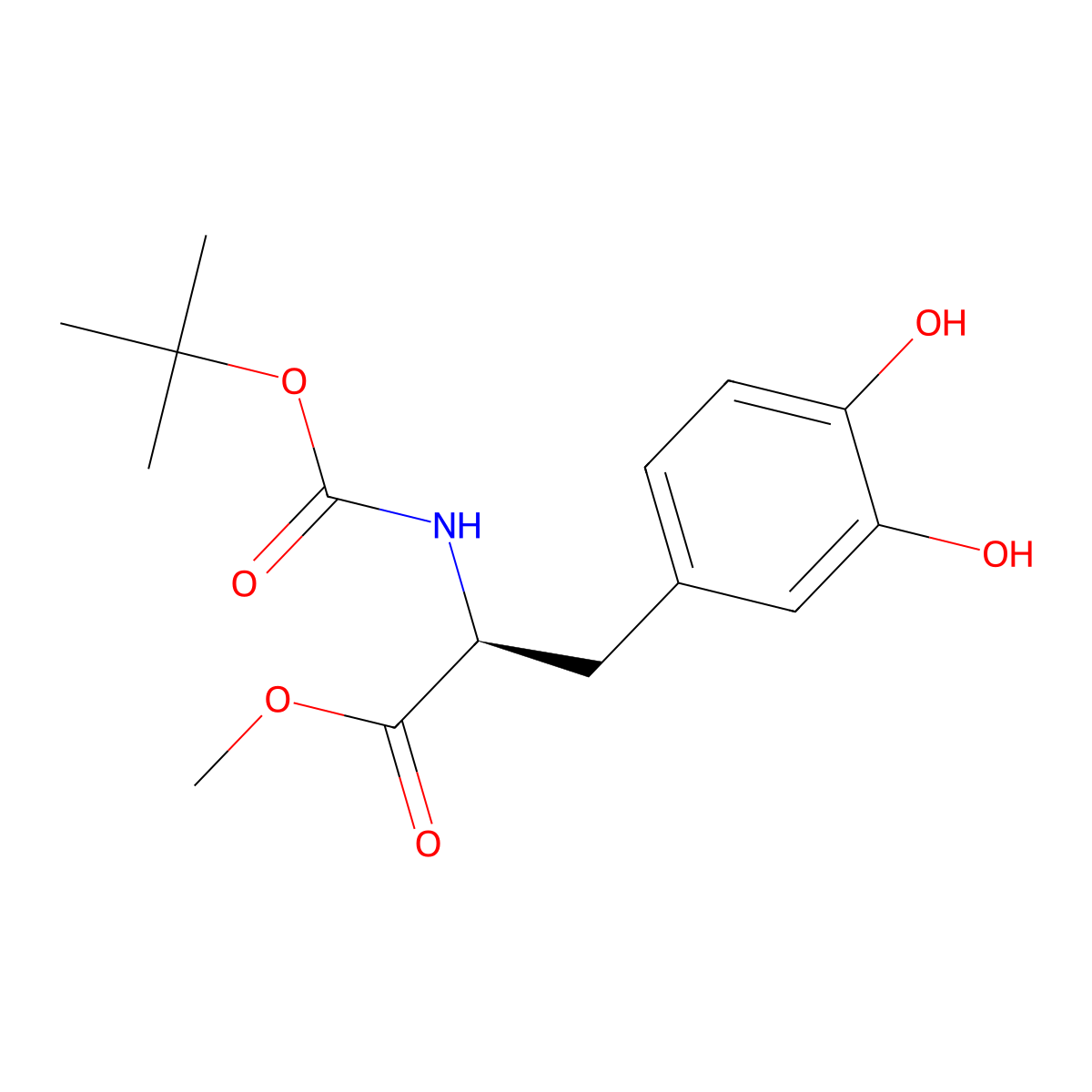 (S)-Methyl 2-((tert-butoxycarbonyl)amino)-3-(3,4-dihydroxyphenyl)propanoate molecular structure, CAS 37169-36-1