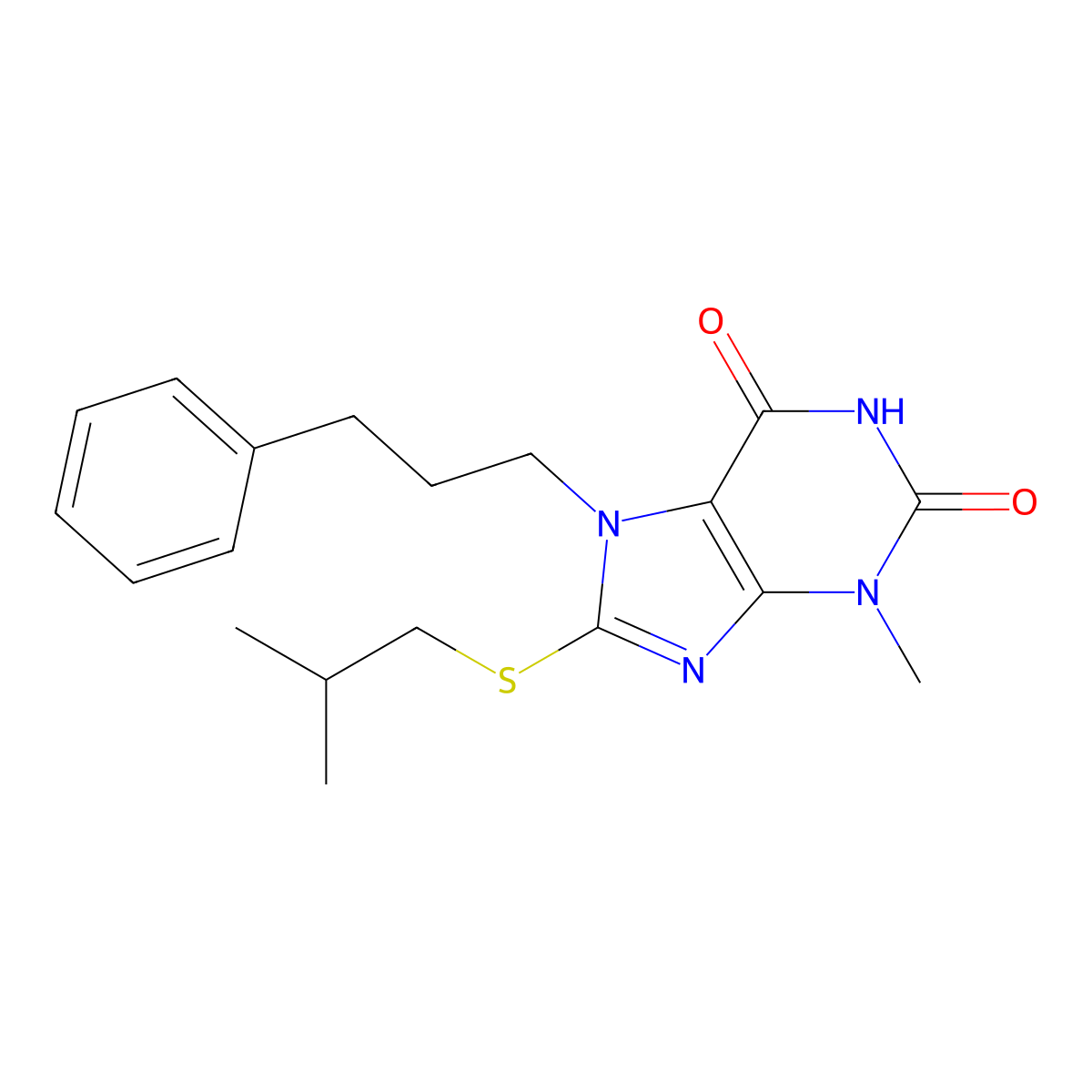8-(isobutylthio)-3-methyl-7-(3-phenylpropyl)-1H-purine-2,6(3H,7H)-dione molecular structure, CAS 371780-42-6