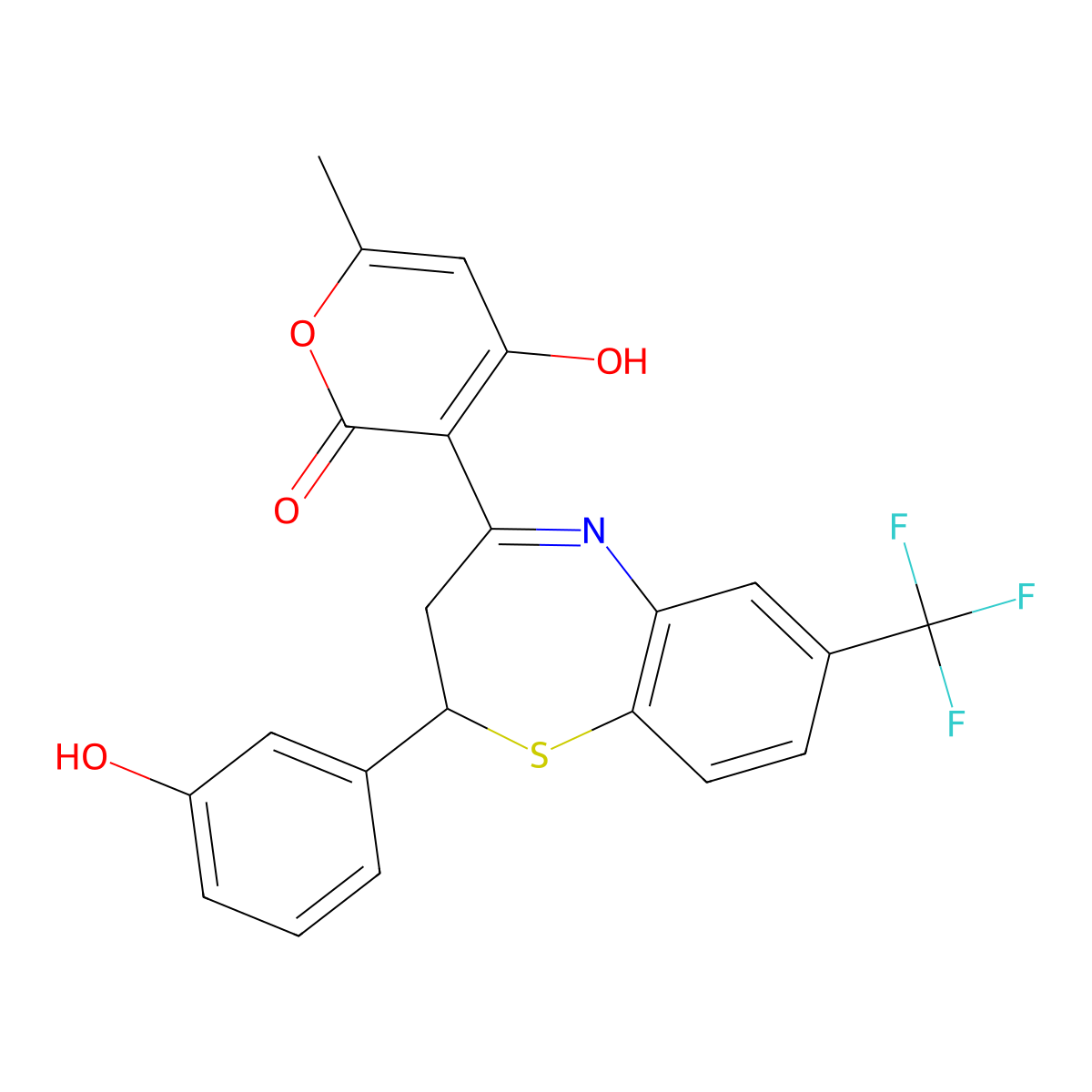 4-hydroxy-3-(2-(3-hydroxyphenyl)-7-(trifluoromethyl)-2,3-dihydrobenzo[b][1,4]thiazepin-4-yl)-6-methyl-2H-pyran-2-one molecular structure, CAS 371780-51-7