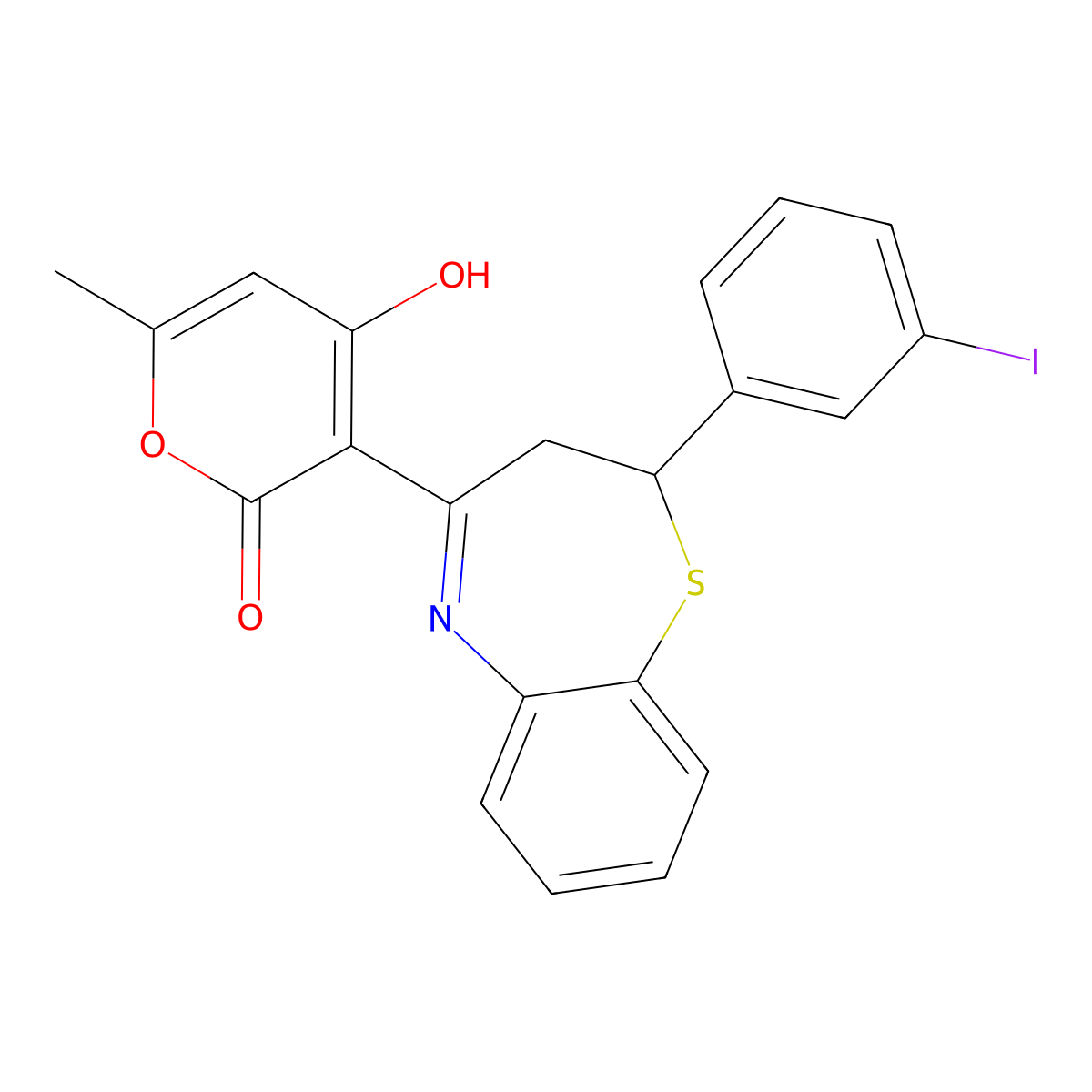 4-hydroxy-3-(2-(3-iodophenyl)-2,3-dihydrobenzo[b][1,4]thiazepin-4-yl)-6-methyl-2H-pyran-2-one molecular structure, CAS 371780-58-4