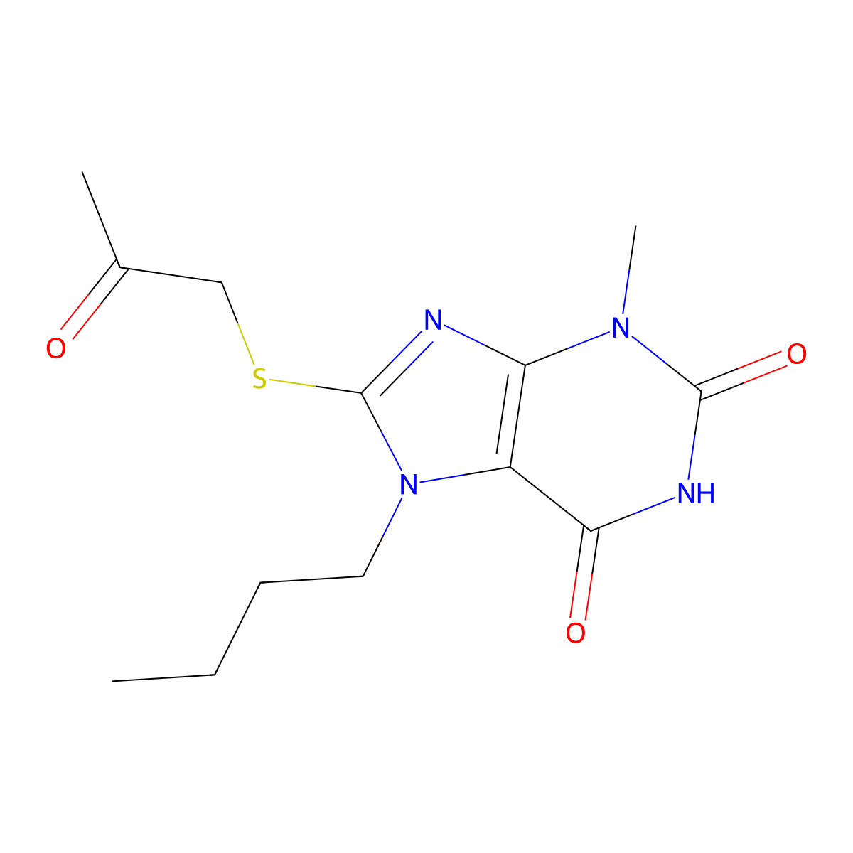 7-butyl-3-methyl-8-((2-oxopropyl)thio)-1H-purine-2,6(3H,7H)-dione molecular structure, CAS 371780-75-5