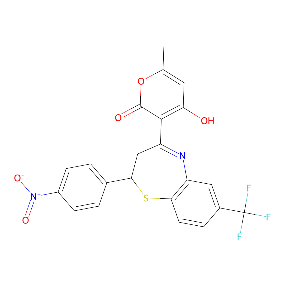 4-hydroxy-6-methyl-3-(2-(4-nitrophenyl)-7-(trifluoromethyl)-2,3-dihydrobenzo[b][1,4]thiazepin-4-yl)-2H-pyran-2-one molecular structure, CAS 371780-80-2