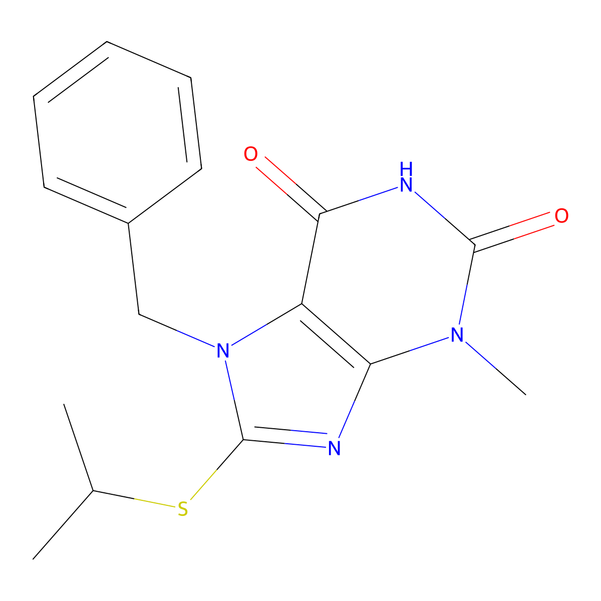 3-Methyl-7-(phenylmethyl)-8-(propan-2-ylthio)purine-2,6-dione molecular structure, CAS 371781-41-8
