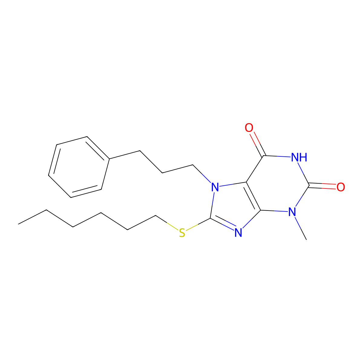 8-Hexylsulfanyl-3-methyl-7-(3-phenyl-propyl)-3,7-dihydro-purine-2,6-dione molecular structure, CAS 371781-47-4