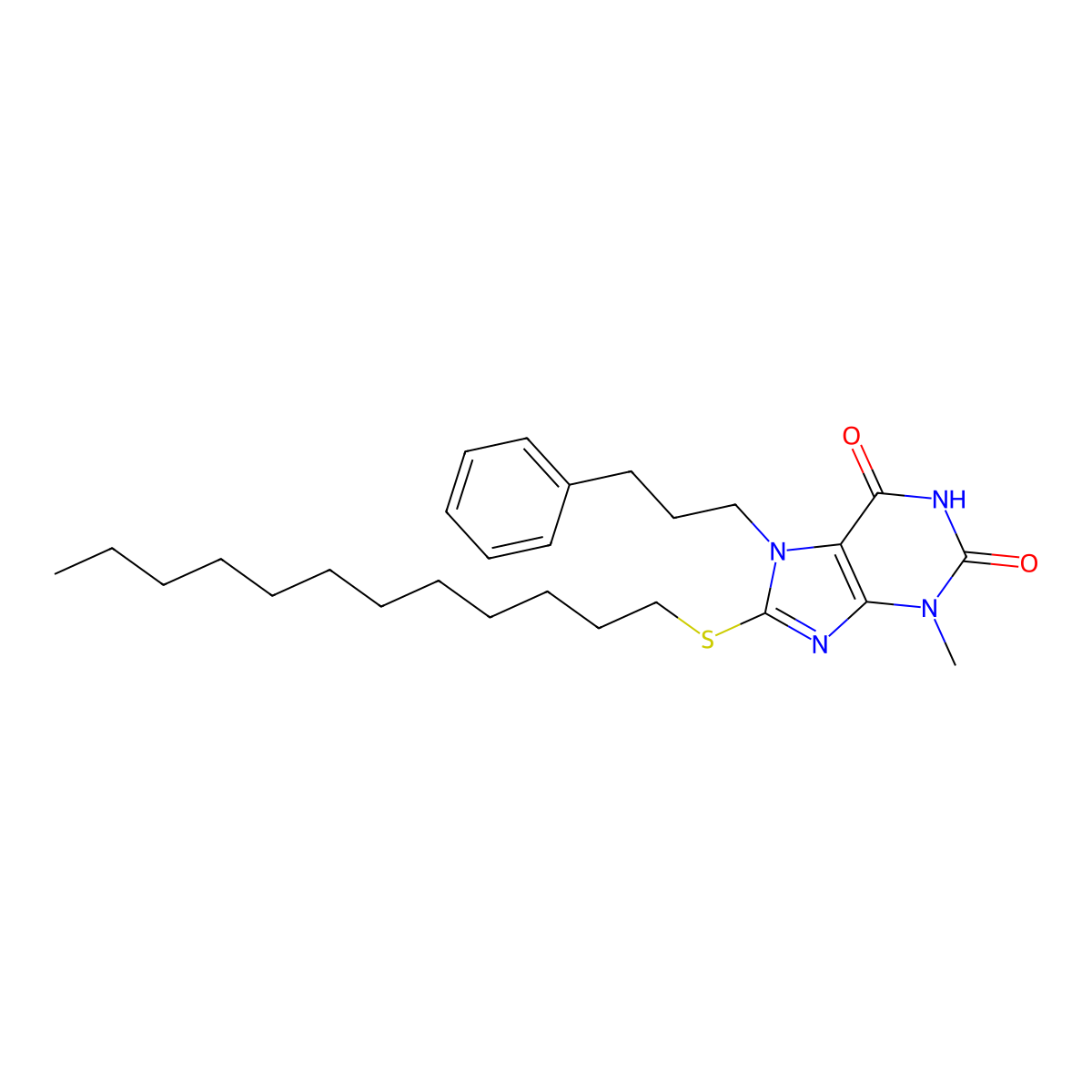 8-Dodecylsulfanyl-3-methyl-7-(3-phenylpropyl)purine-2,6-dione molecular structure, CAS 371781-74-7