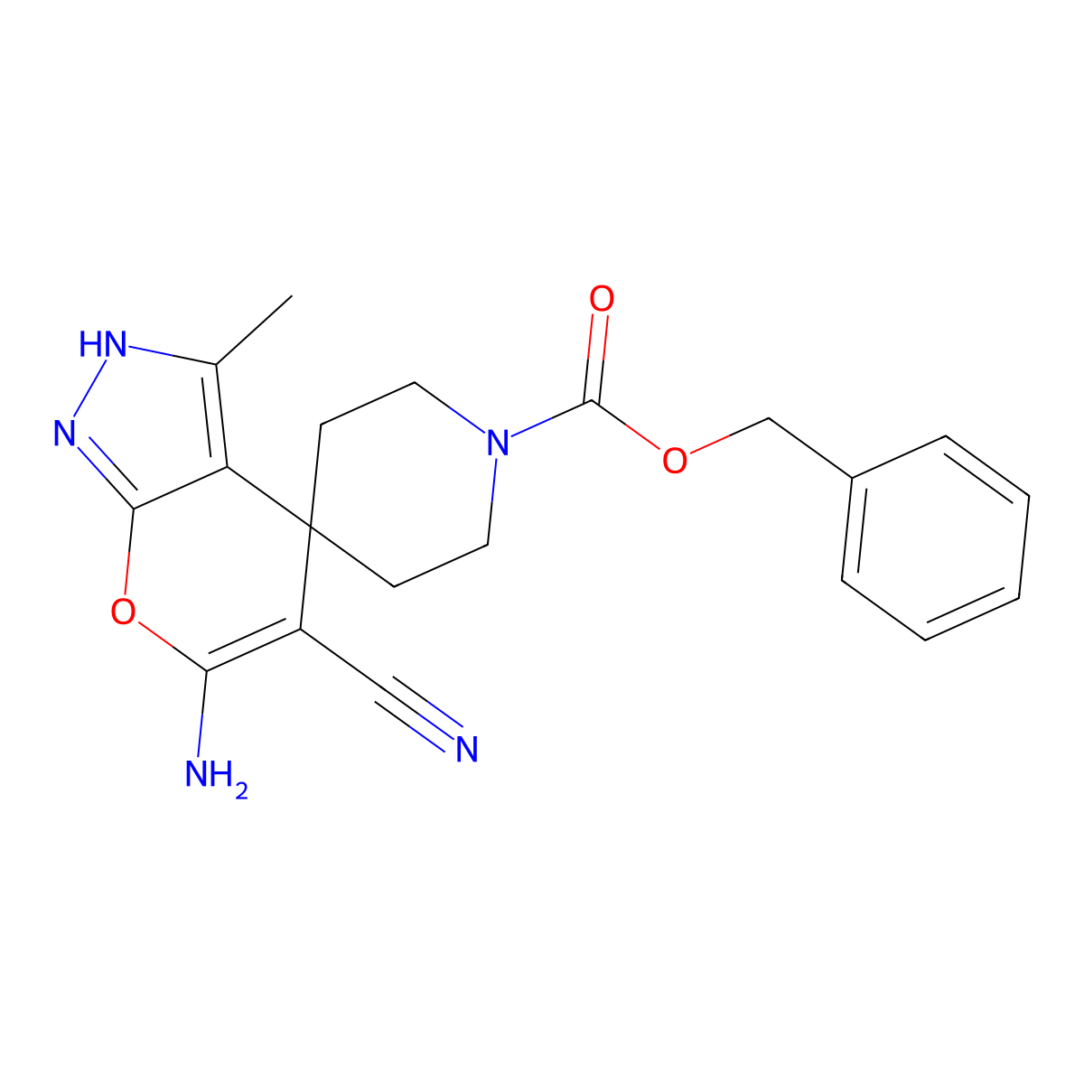 benzyl 6'-amino-5'-cyano-3'-methyl-2'H-spiro[piperidine-4,4'-pyrano[2,3-c]pyrazole]-1-carboxylate molecular structure, CAS 371923-81-8