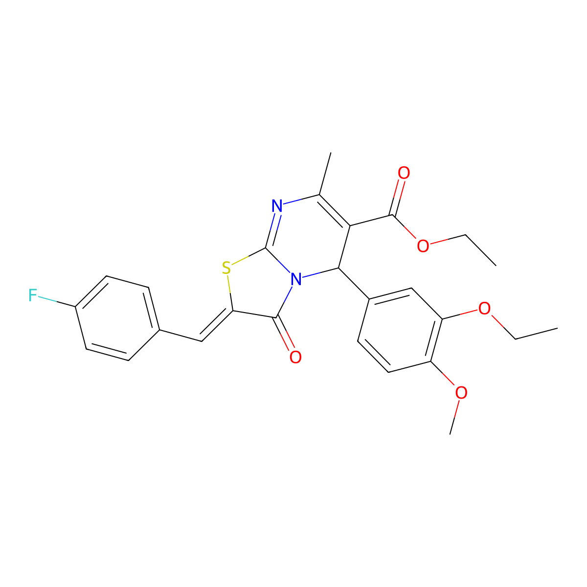 Ethyl 5-(3-ethoxy-4-methoxyphenyl)-2-[(4-fluorophenyl)methylene]-2,3-dihydro-7-methyl-3-oxo-5H-thiazolo[3,2-a]pyrimidine-6-carboxylate molecular structure, CAS 371923-99-8