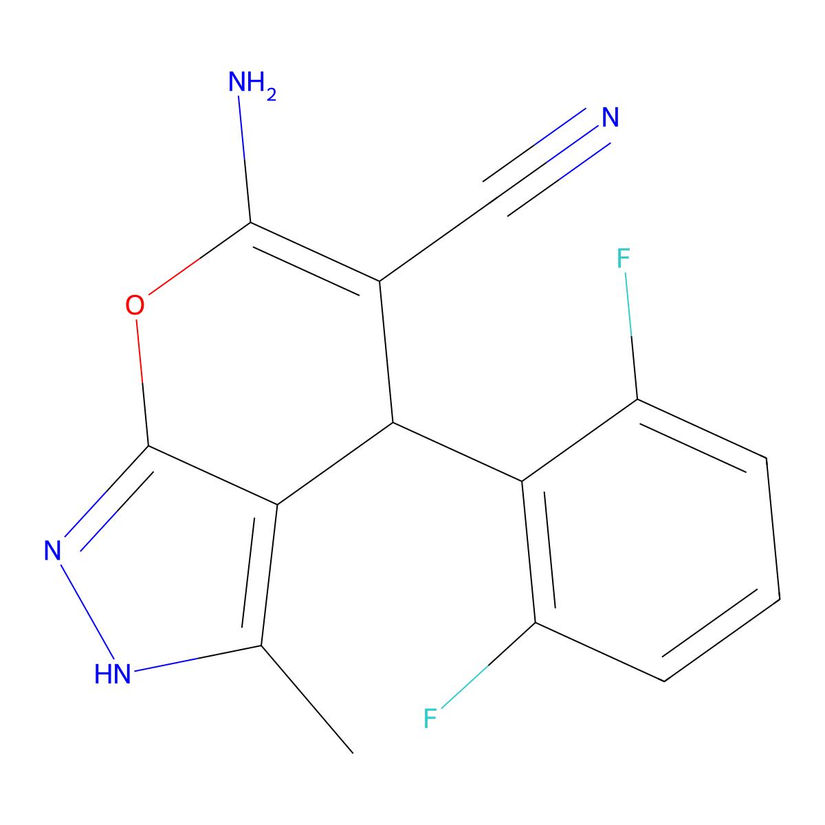 6-Amino-4-(2,6-difluorophenyl)-3-methyl-2,4-dihydropyrano[2,3-c]pyrazole-5-carbonitrile molecular structure, CAS 371925-11-0