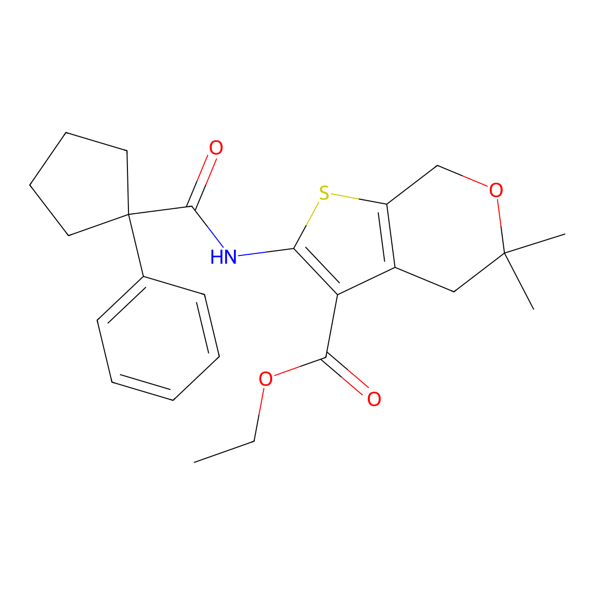 ethyl 5,5-dimethyl-2-{[(1-phenylcyclopentyl)carbonyl]amino}-4,7-dihydro-5H-thieno[2,3-c]pyran-3-carboxylate molecular structure, CAS 371926-01-1