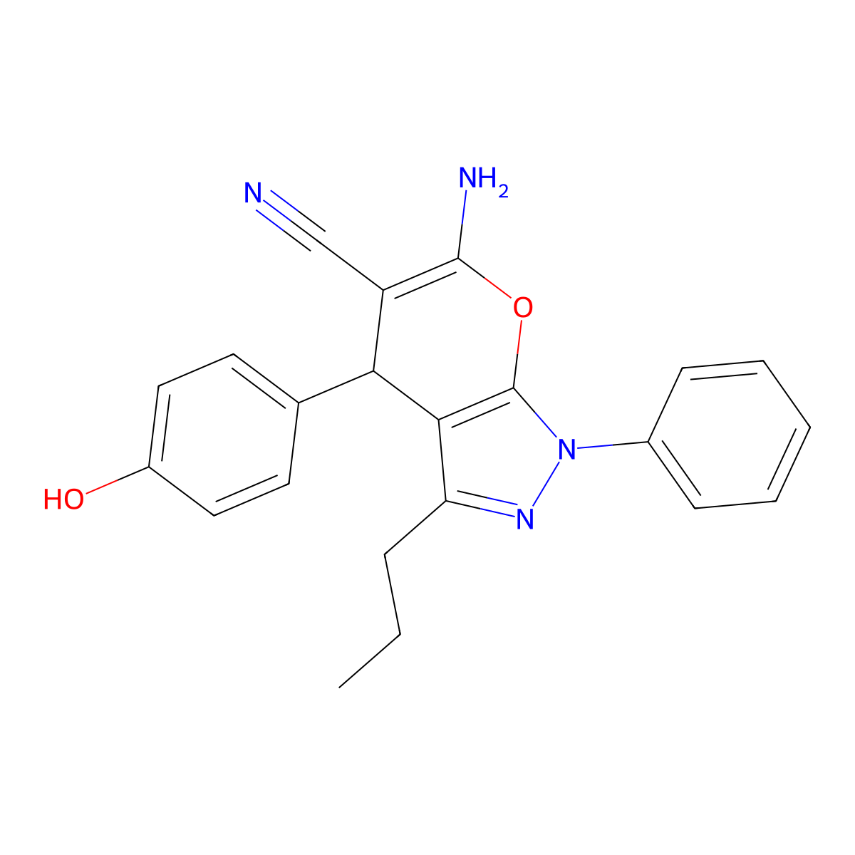 6-Amino-4-(4-hydroxyphenyl)-1-phenyl-3-propyl-1,4-dihydropyrano[2,3-c]pyrazole-5-carbonitrile molecular structure, CAS 371926-59-9