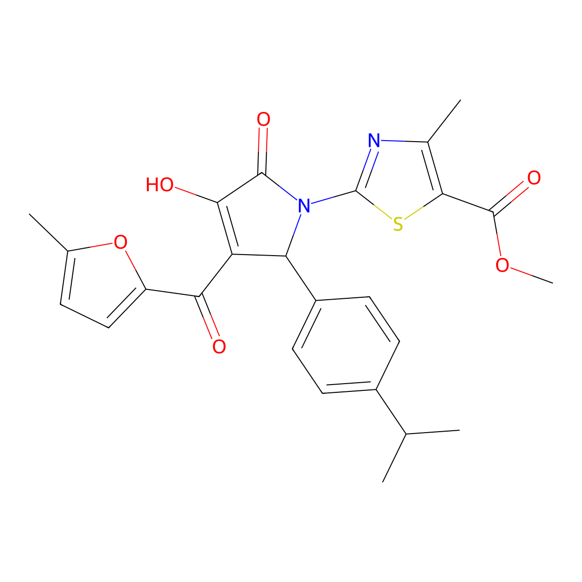 methyl 2-{(3E)-3-[hydroxy(5-methylfuran-2-yl)methylidene]-4,5-dioxo-2-[4-(propan-2-yl)phenyl]pyrrolidin-1-yl}-4-methyl-1,3-thiazole-5-carboxylate molecular structure, CAS 371927-03-6