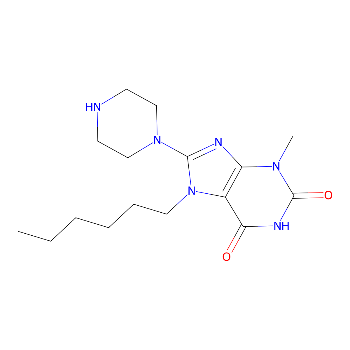 7-hexyl-3-methyl-8-(piperazin-1-yl)-1H-purine-2,6(3H,7H)-dione molecular structure, CAS 371927-37-6