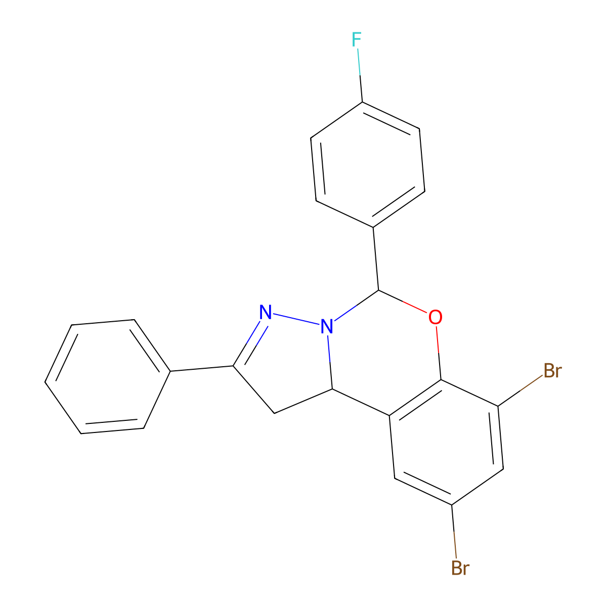 7,9-Dibromo-5-(4-fluorophenyl)-2-phenyl-1,10b-dihydropyrazolo[1,5-c][1,3]benzoxazine molecular structure, CAS 371927-38-7