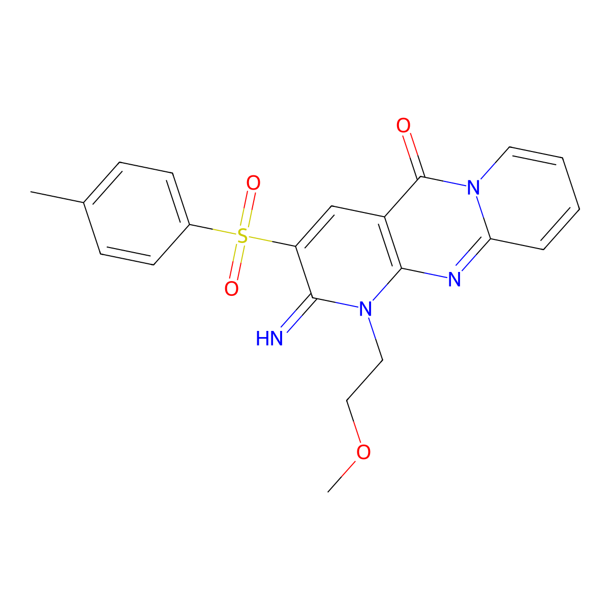 2-imino-1-(2-methoxyethyl)-3-[(4-methylphenyl)sulfonyl]-1,2-dihydro-5H-dipyrido[1,2-a:2,3-d]pyrimidin-5-one molecular structure, CAS 371927-44-5