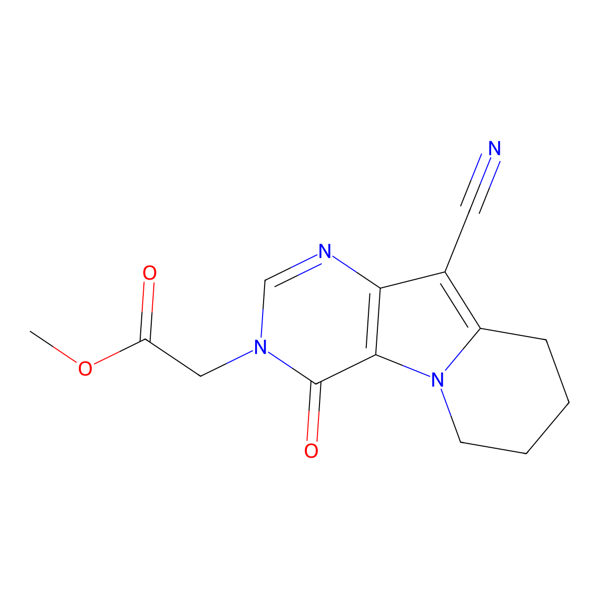 methyl (10-cyano-4-oxo-6,7,8,9-tetrahydropyrimido[4,5-b]indolizin-3(4H)-yl)acetate molecular structure, CAS 371927-57-0