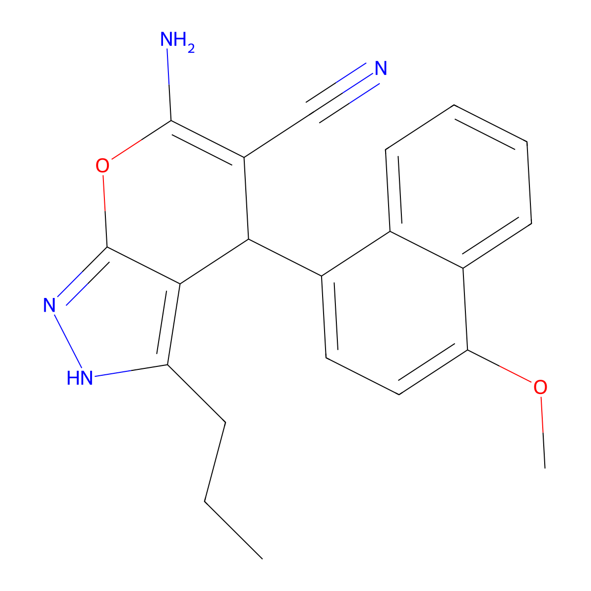 6-Amino-4-(4-methoxynaphthalen-1-yl)-3-propyl-2,4-dihydropyrano[2,3-c]pyrazole-5-carbonitrile molecular structure, CAS 371928-16-4