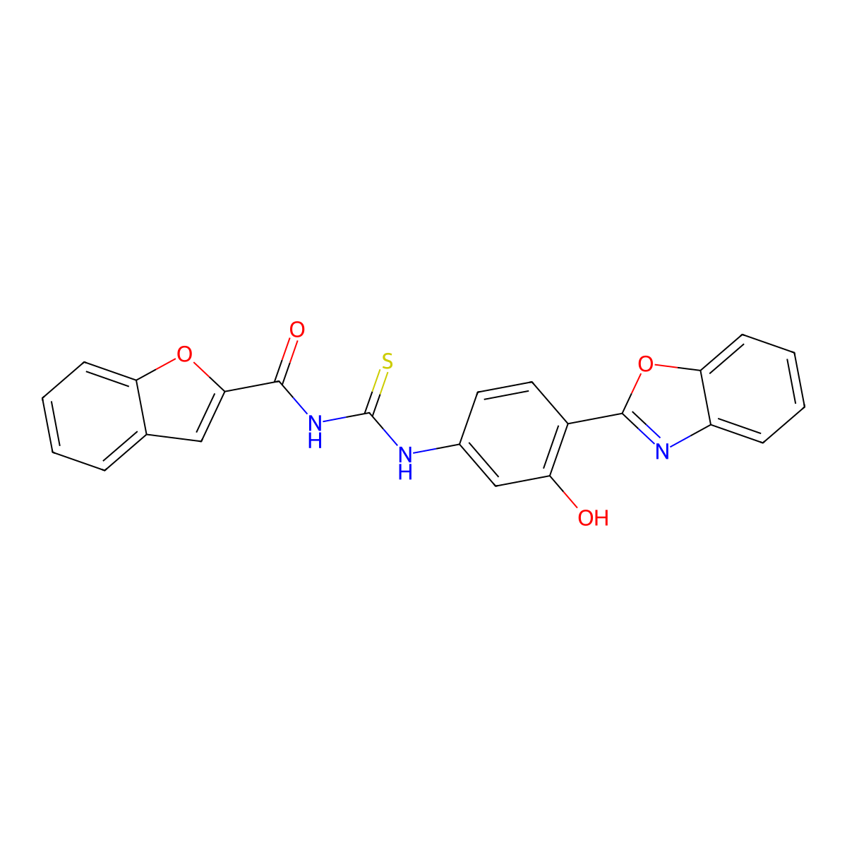 N-((4-(benzo[d]oxazol-2-yl)-3-hydroxyphenyl)carbamothioyl)benzofuran-2-carboxamide molecular structure, CAS 371928-34-6