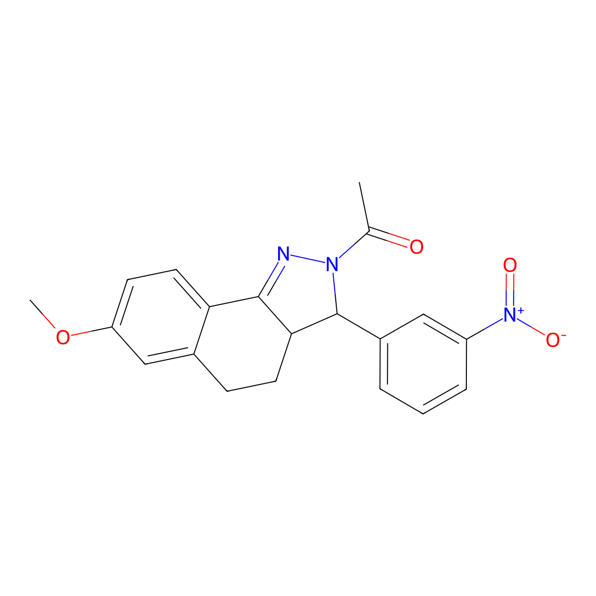 1-[7-Methoxy-3-(3-nitrophenyl)-3,3a,4,5-tetrahydrobenzo[g]indazol-2-yl]ethanone molecular structure, CAS 371928-91-5