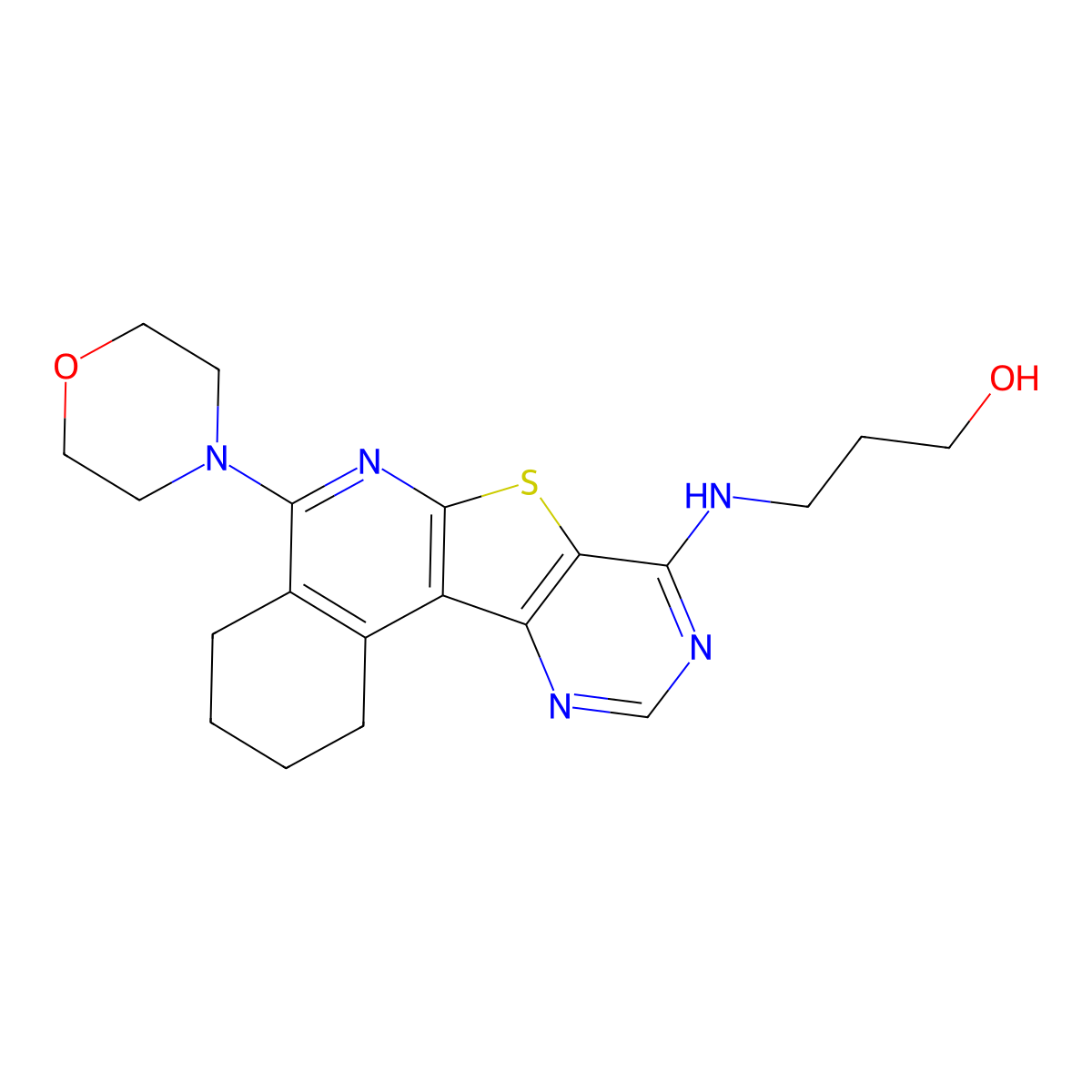 3-((5-Morpholino-1,2,3,4-tetrahydropyrimido[4',5':4,5]thieno[2,3-c]isoquinolin-8-yl)amino)propan-1-ol molecular structure, CAS 371929-40-7