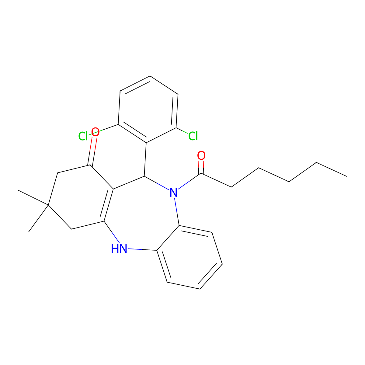 11-(2,6-dichlorophenyl)-10-hexanoyl-3,3-dimethyl-2,3,4,5,10,11-hexahydro-1H-dibenzo[b,e][1,4]diazepin-1-one molecular structure, CAS 371929-45-2