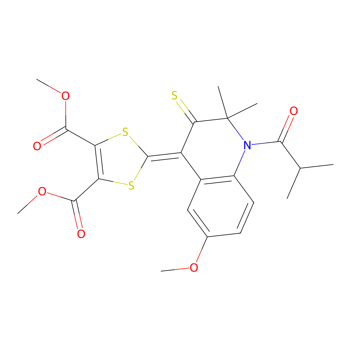 dimethyl 2-(2,2-dimethyl-6-(methyloxy)-1-(2-methylpropanoyl)-3-thioxo-2,3-dihydro-4(1H)-quinolinylidene)-1,3-dithiole-4,5-dicarboxylate molecular structure, CAS 371930-08-4