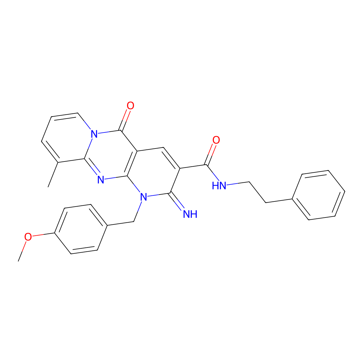 {2-imino-1-[(4-methoxyphenyl)methyl]-10-methyl-5-oxo(1,6-dihydropyridino[2,3-d]pyridino[1,2-a]pyrimidin-3-yl)}-N-(2-phenylethyl)carboxamide molecular structure, CAS 371930-62-0