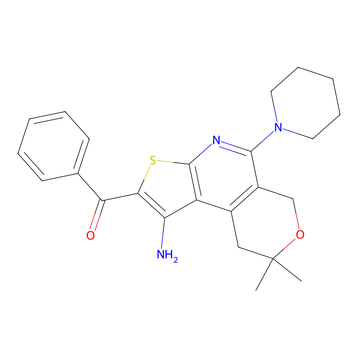 (1-amino-8,8-dimethyl-5-(piperidin-1-yl)-8,9-dihydro-6H-pyrano[4,3-d]thieno[2,3-b]pyridin-2-yl)(phenyl)methanone molecular structure, CAS 371931-22-5