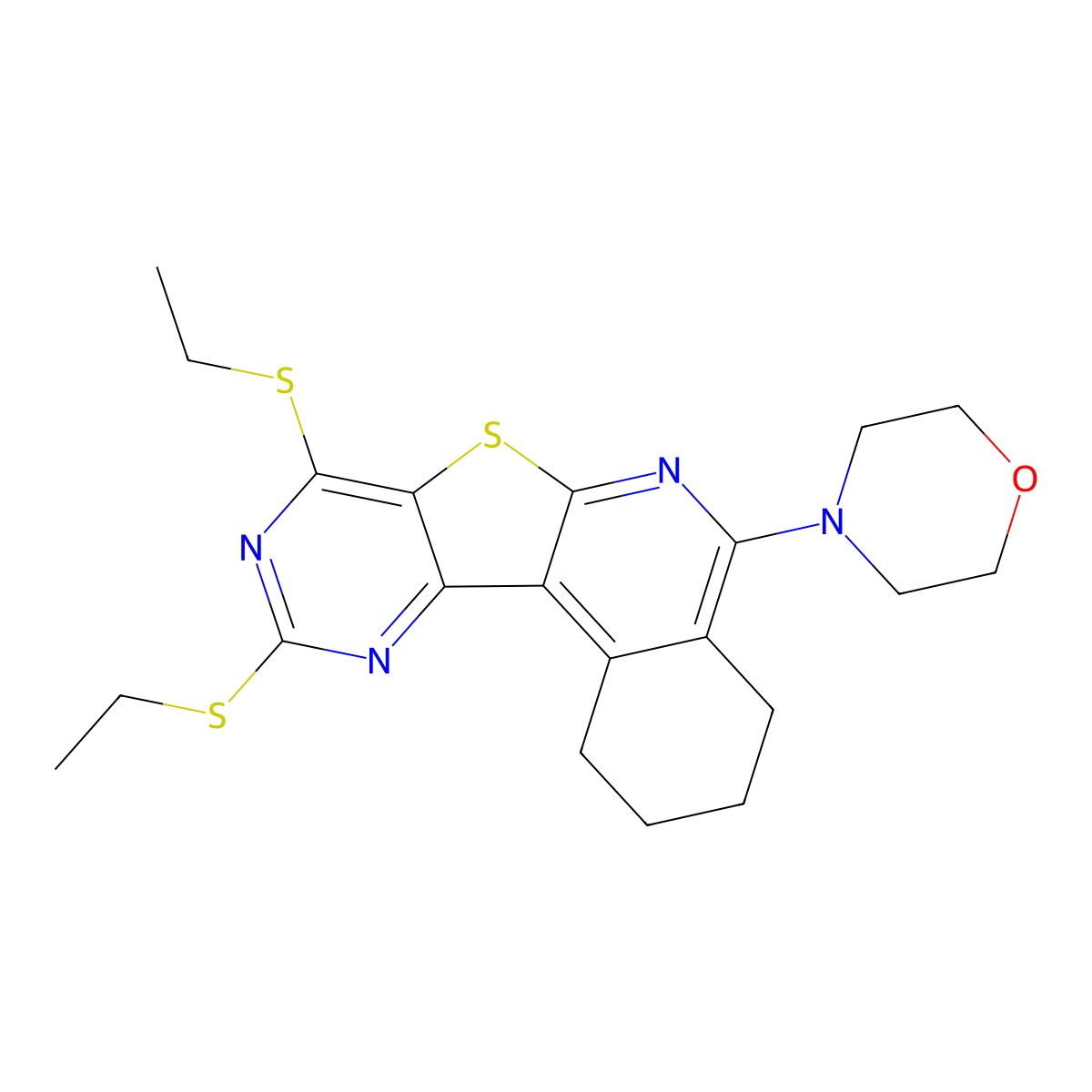 4-(8,10-Bis(ethylthio)-1,2,3,4-tetrahydropyrimido[4',5':4,5]thieno[2,3-c]isoquinolin-5-yl)morpholine molecular structure, CAS 371932-85-3