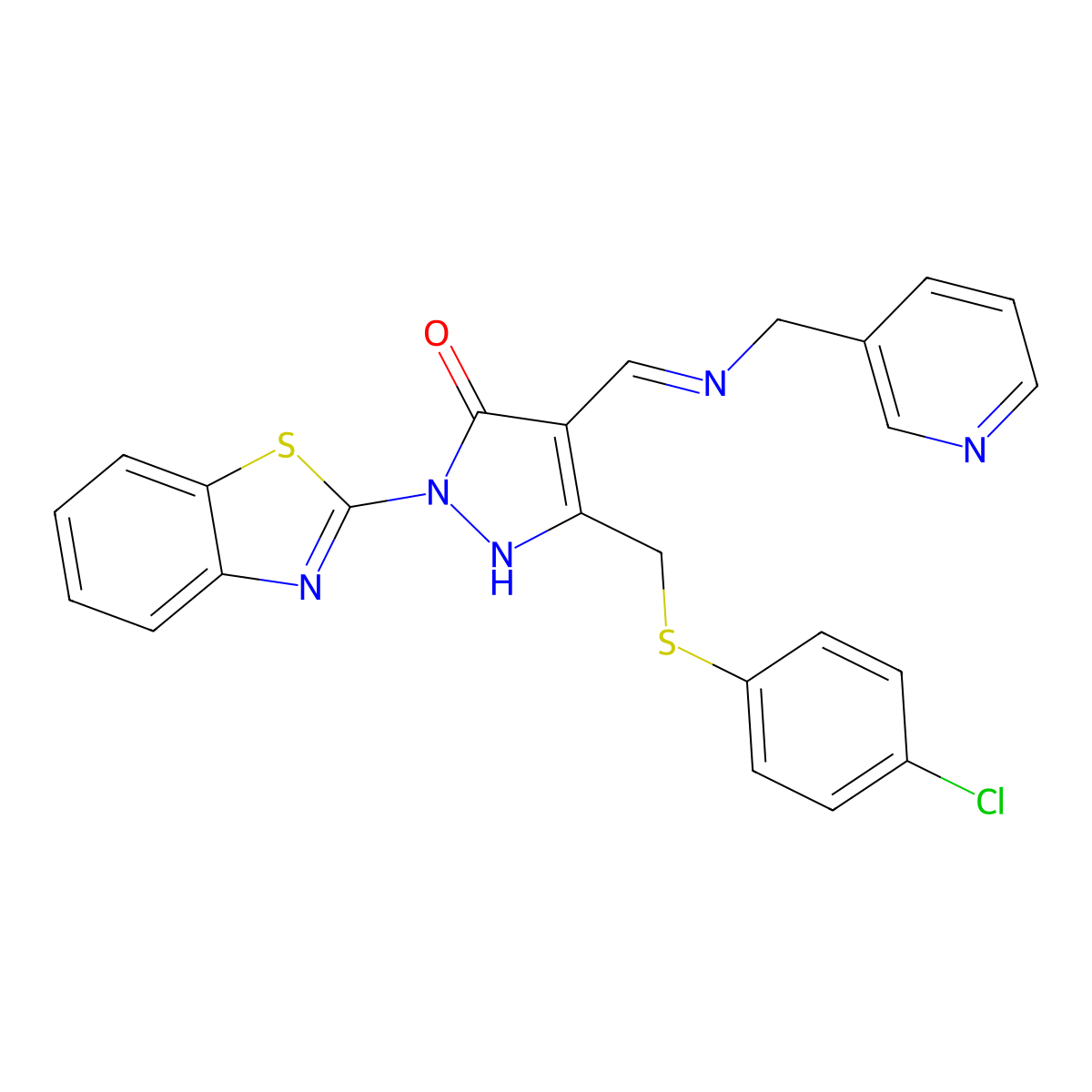 (4Z)-2-(1,3-benzothiazol-2-yl)-5-{[(4-chlorophenyl)sulfanyl]methyl}-4-{[(pyridin-3-ylmethyl)amino]methylidene}-2,4-dihydro-3H-pyrazol-3-one molecular structure, CAS 371934-13-3