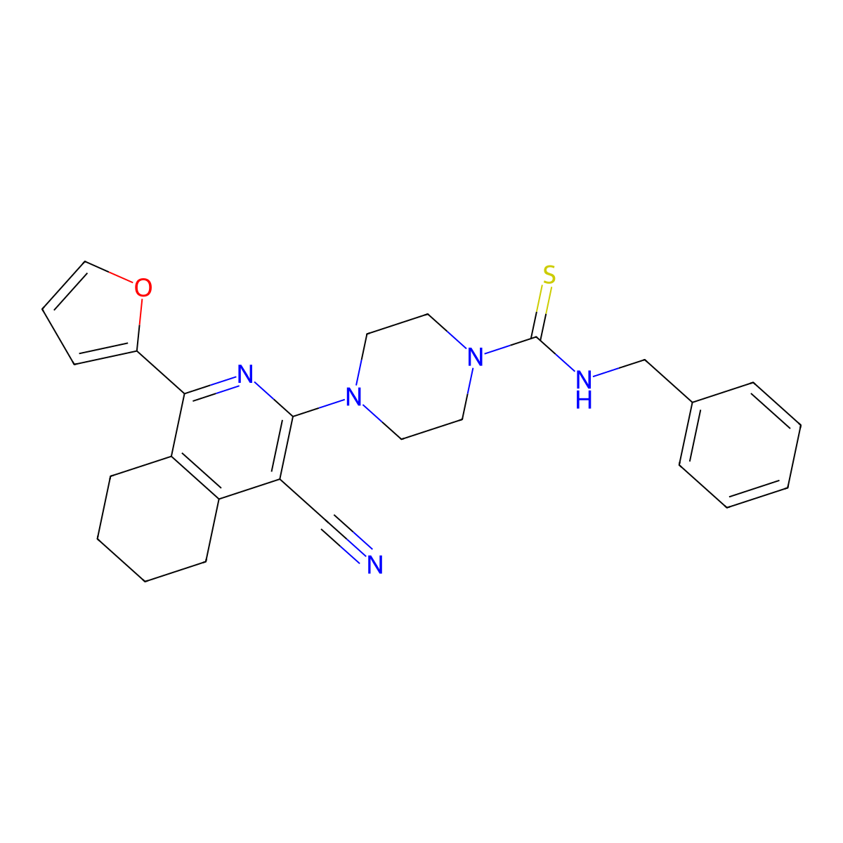 N-benzyl-4-[4-cyano-1-(furan-2-yl)-5,6,7,8-tetrahydroisoquinolin-3-yl]piperazine-1-carbothioamide molecular structure, CAS 371934-71-3