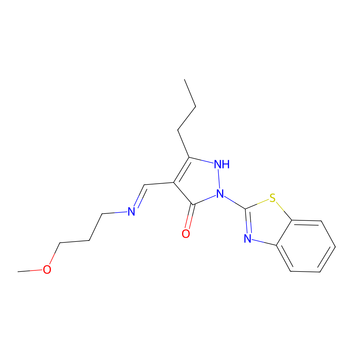 (4E)-2-(1,3-benzothiazol-2-yl)-4-{[(3-methoxypropyl)amino]methylidene}-5-propyl-2,4-dihydro-3H-pyrazol-3-one molecular structure, CAS 371937-76-7