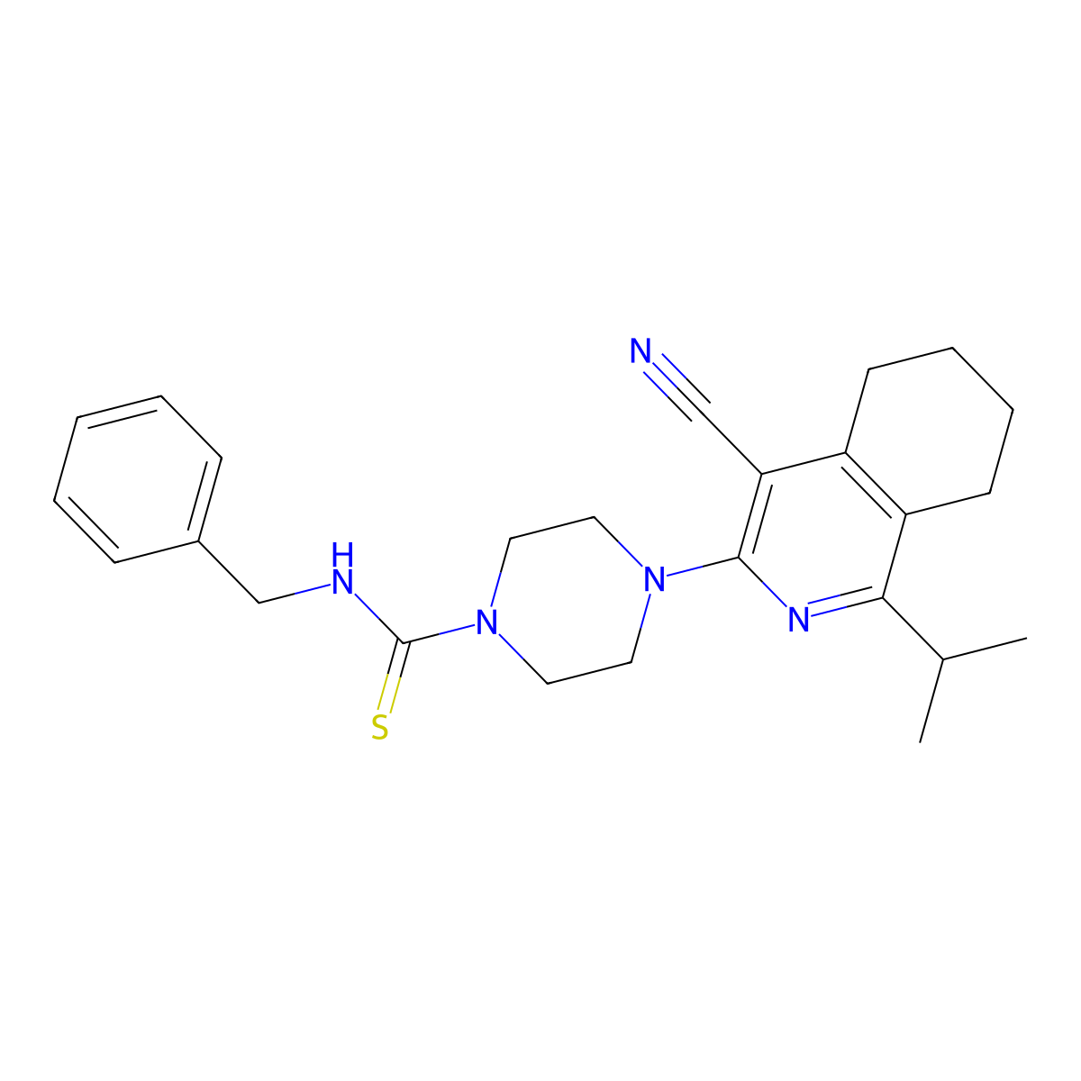 N-benzyl-4-(4-cyano-1-propan-2-yl-5,6,7,8-tetrahydroisoquinolin-3-yl)piperazine-1-carbothioamide molecular structure, CAS 371939-50-3