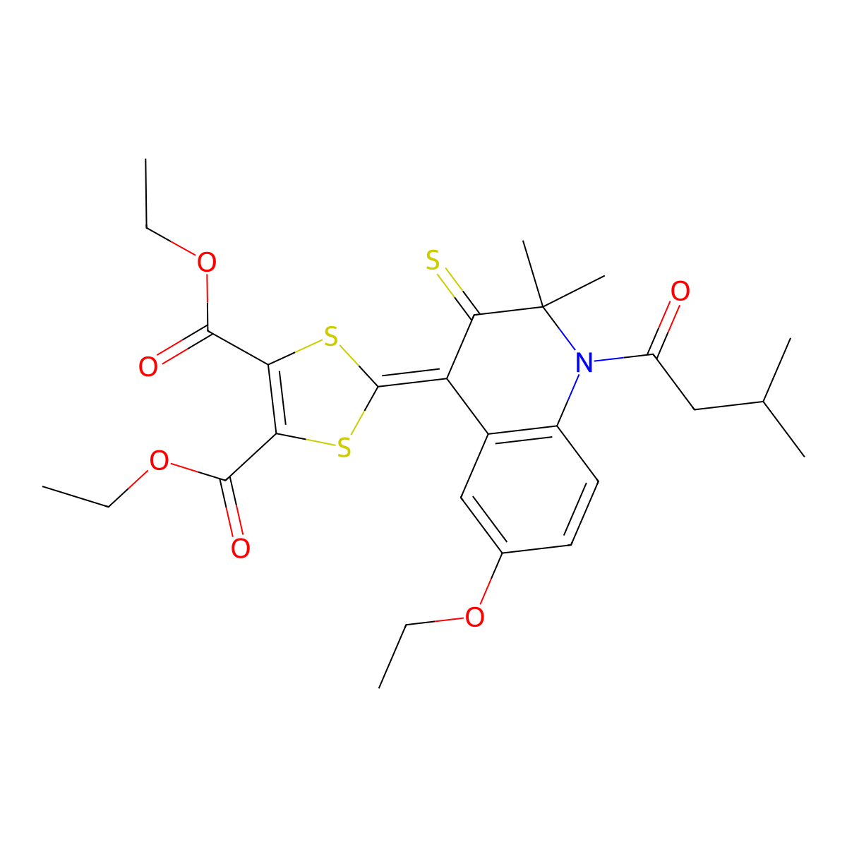 diethyl 2-(6-ethoxy-2,2-dimethyl-1-(3-methylbutanoyl)-3-thioxo-2,3-dihydro-4(1H)-quinolinylidene)-1,3-dithiole-4,5-dicarboxylate molecular structure, CAS 371940-46-4