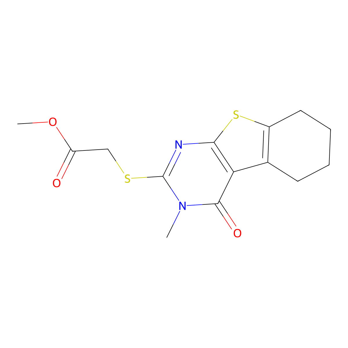 Methyl [(3-methyl-4-oxo-3,4,5,6,7,8-hexahydro[1]benzothieno[2,3-d]pyrimidin-2-yl)sulfanyl]acetate molecular structure, CAS 371941-01-4