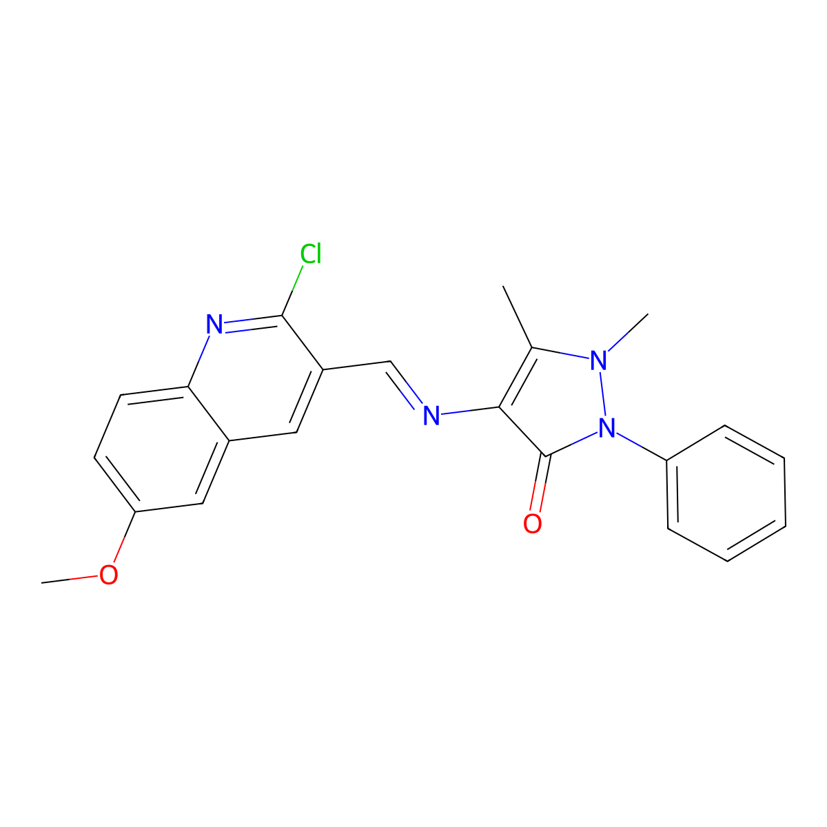 (E)-4-(((2-chloro-6-methoxyquinolin-3-yl)methylene)amino)-1,5-dimethyl-2-phenyl-1H-pyrazol-3(2H)-one molecular structure, CAS 371942-71-1