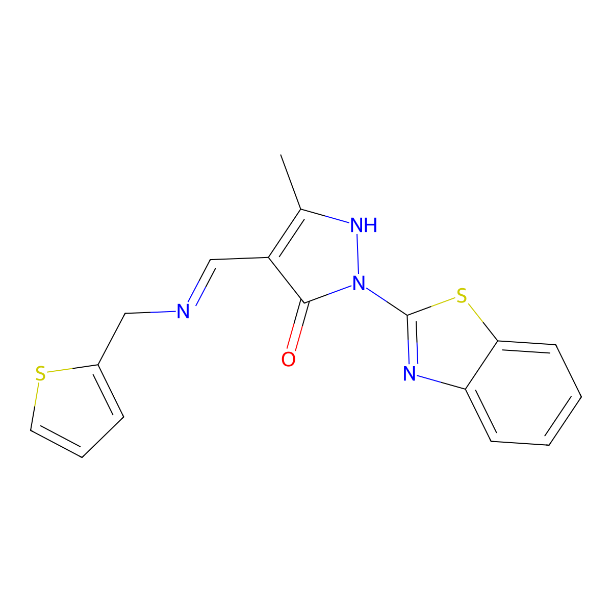 (4E)-2-(1,3-benzothiazol-2-yl)-5-methyl-4-[(thiophen-2-ylmethylamino)methylidene]pyrazol-3-one molecular structure, CAS 371944-25-1