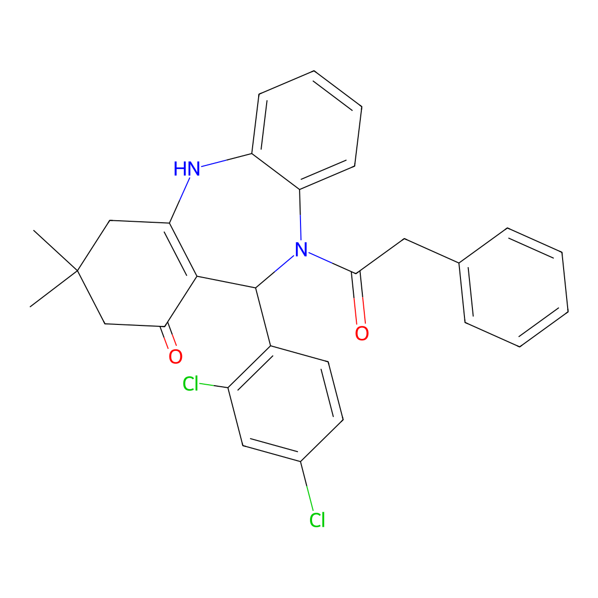 6-(2,4-Dichlorophenyl)-9,9-dimethyl-5-(2-phenylacetyl)-6,8,10,11-tetrahydrobenzo[b][1,4]benzodiazepin-7-one molecular structure, CAS 371946-55-3