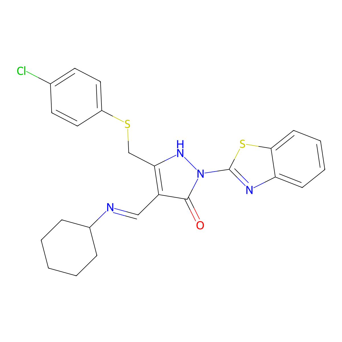 2-(1,3-benzothiazol-2-yl)-5-{[(4-chlorophenyl)sulfanyl]methyl}-4-[(cyclohexylimino)methyl]-1,2-dihydro-3H-pyrazol-3-one molecular structure, CAS 371946-69-9